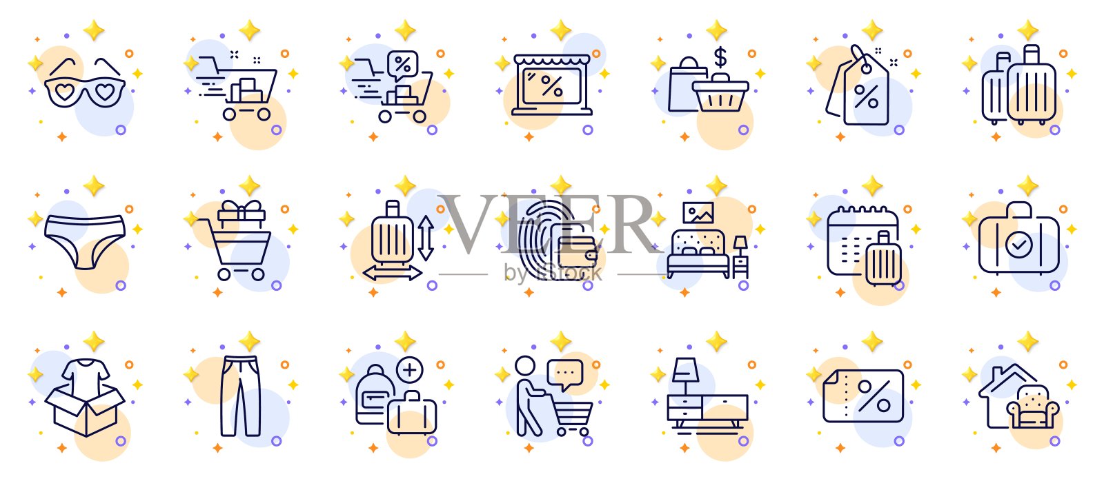 轮廓集的服装，添加手袋和家具线图标的web应用程序。象形符号图标。向量插画图片素材