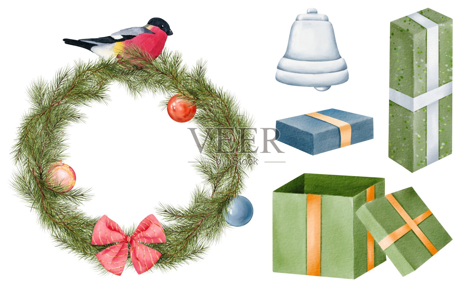 圣诞节。红胸知更鸟站在装饰着圣诞饰物的花环上。礼品盒和银铃。孤立的水彩数字插图。为贴纸包装卡和邀请插画图片素材