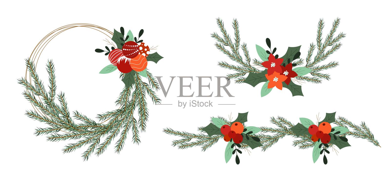 圣诞花环。设计元素有一品红、槲寄生叶、冷杉枝、冬青浆果和圣诞球。插画图片素材