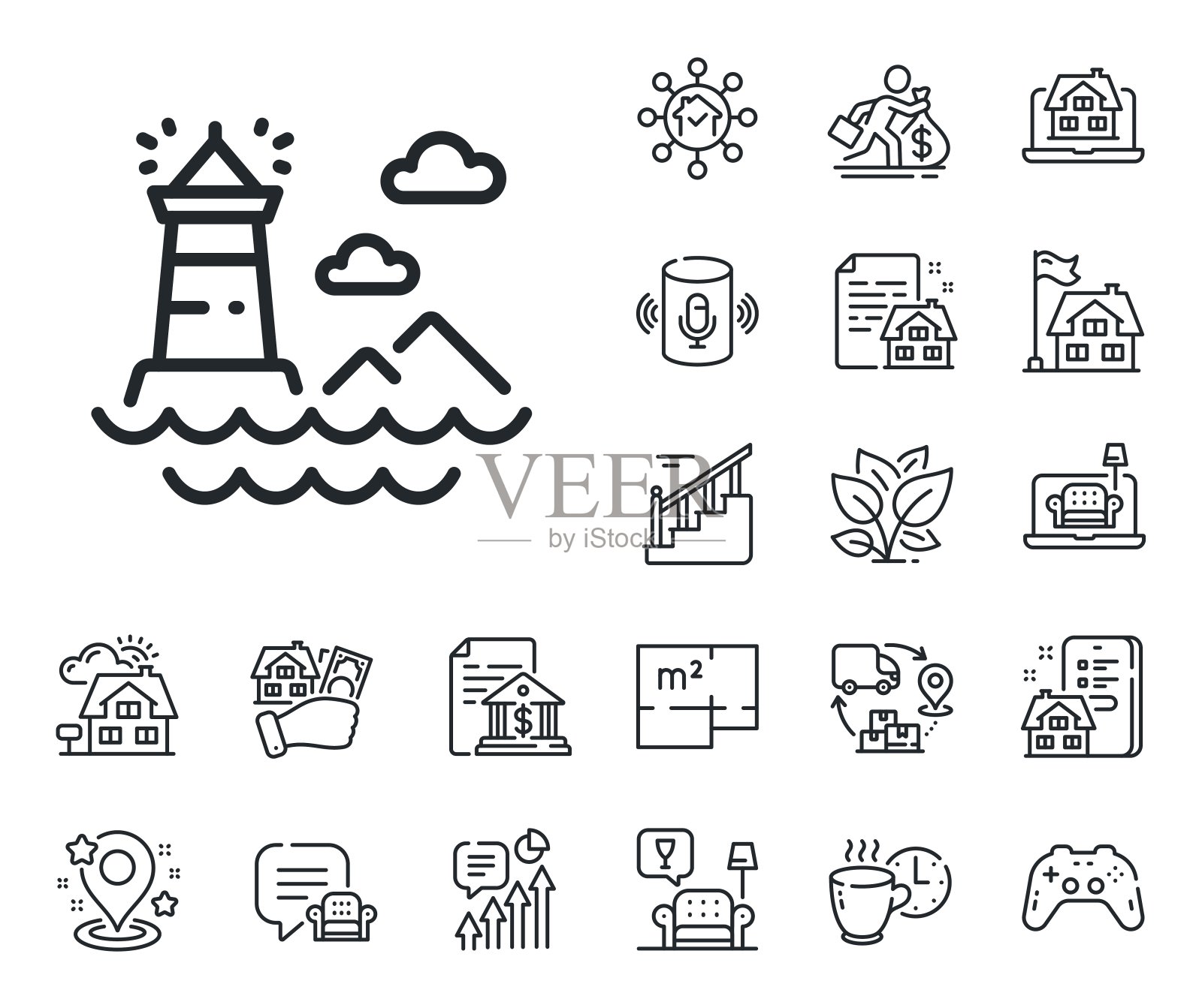 灯塔线图标。烽火台标志。探照灯。平面图、楼梯和休息室。向量插画图片素材