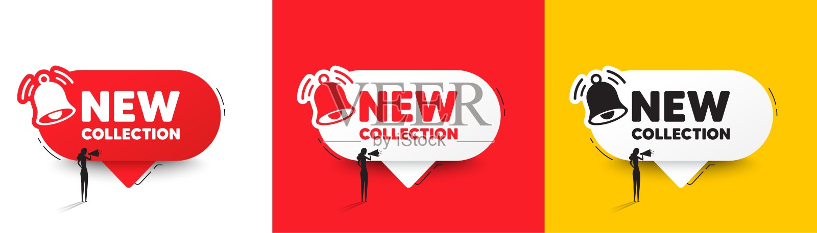 新的集合标签。新时尚到来标志。讲话带着气泡。向量插画图片素材
