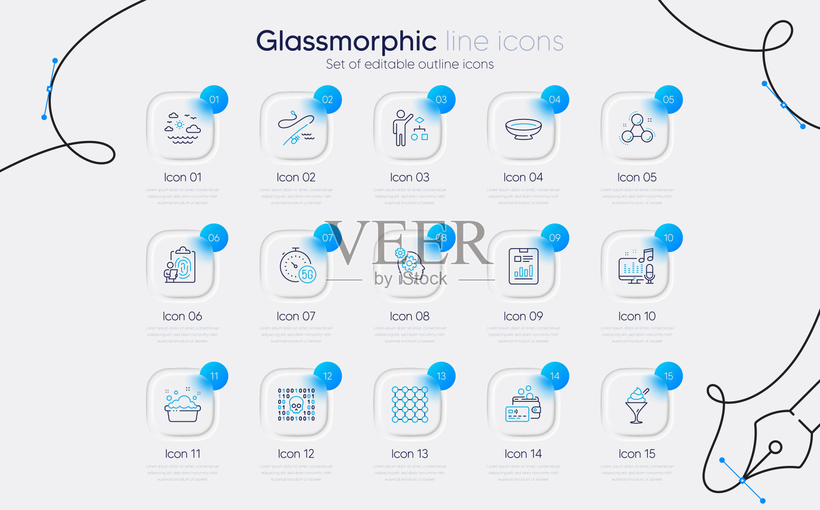 一组播客，卡片和冰淇淋线图标的web应用程序。象形图标。向量插画图片素材