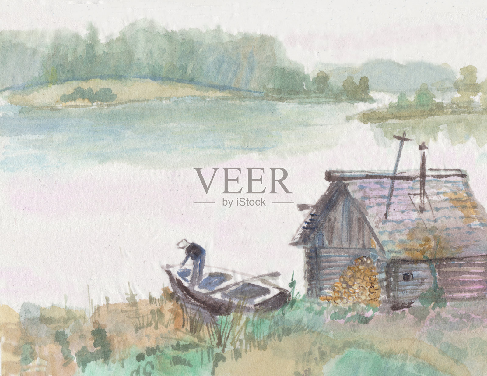 河岸上的老房子插画图片素材