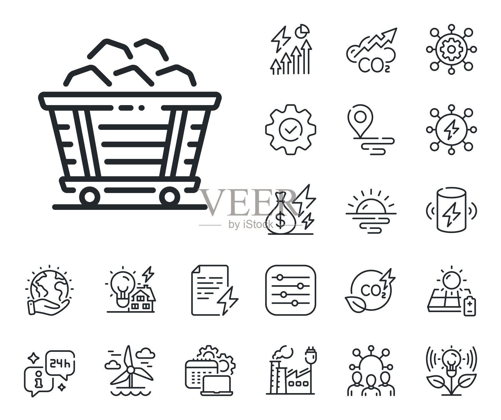 煤小车线路图标。矿车标志。能源，二氧化碳排放和太阳能电池板。向量插画图片素材