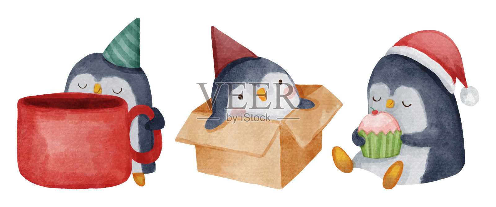 穿着圣诞服装的企鹅。水彩画卡通人物。孤立。7个中的6个。向量。插画图片素材