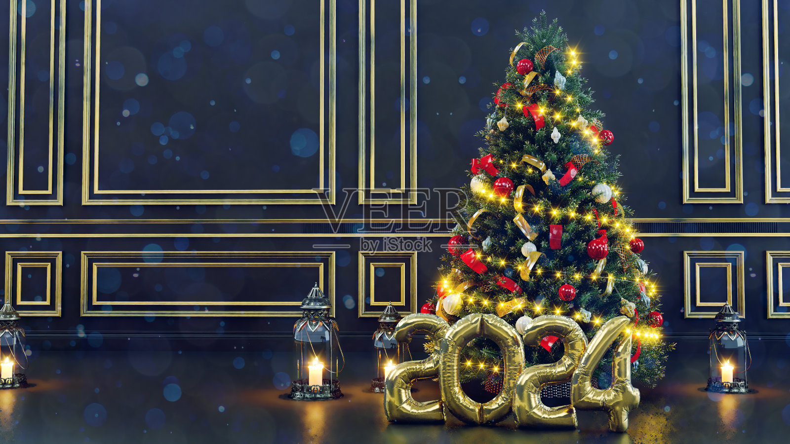 装饰圣诞树上模糊的背景和快乐的新年概念2024,2024气球照片摄影图片