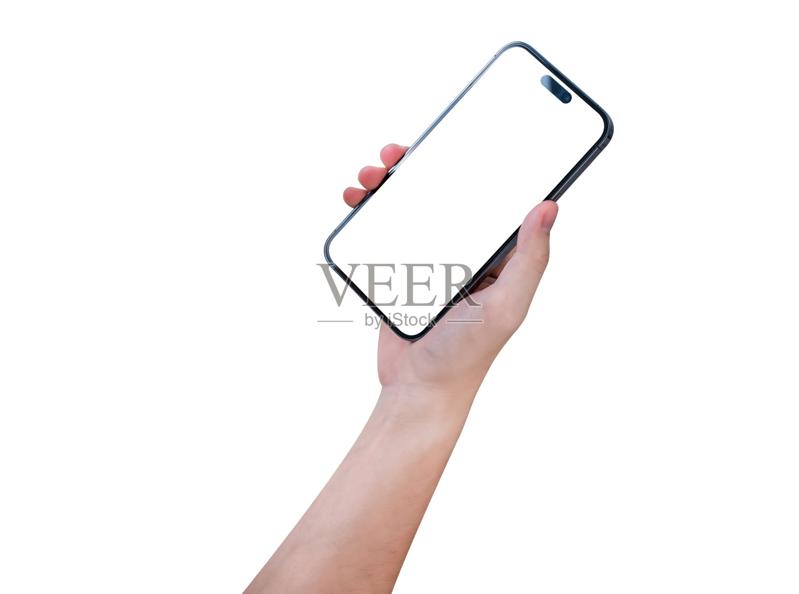 手显示智能手机与空白屏幕隔离在白色背景照片摄影图片