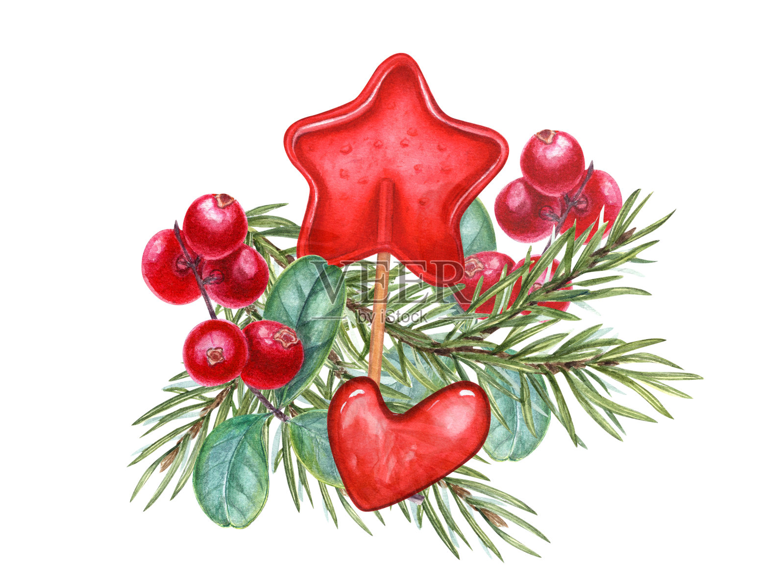 红色焦糖，云杉枝，成熟多汁的红蔓越莓。星星和心形的焦糖。透明的棒棒糖，棒棒糖。水彩插图孤立在白色。插画图片素材