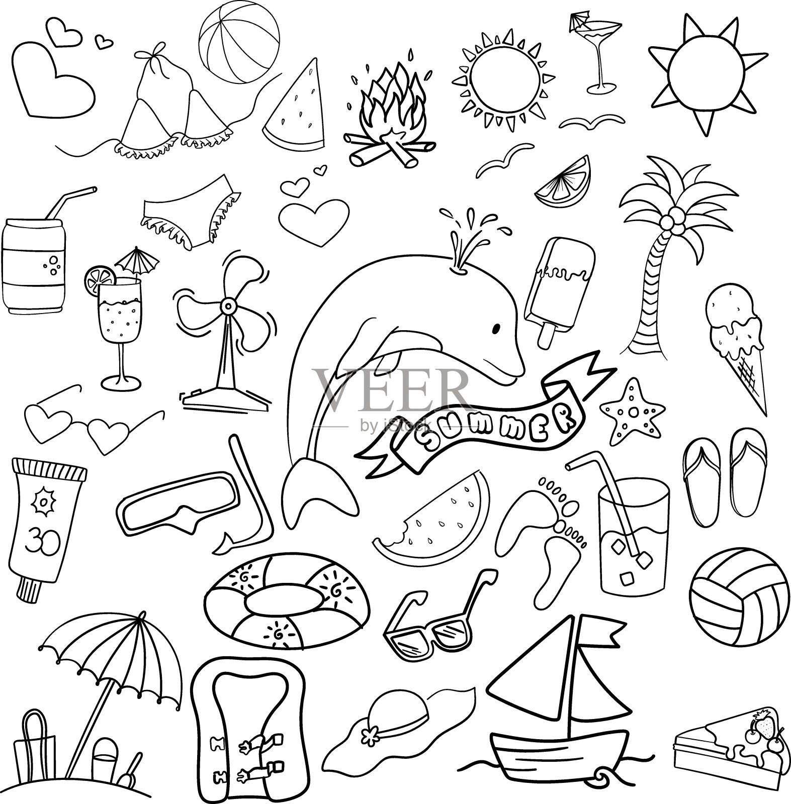 手绘矢量插图集夏天的元素。手绘涂鸦插画图片素材