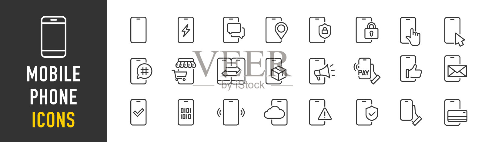 手机网页图标的线条风格。智能手机，电子产品，应用程序，设备，技术，收藏。矢量插图。插画图片素材
