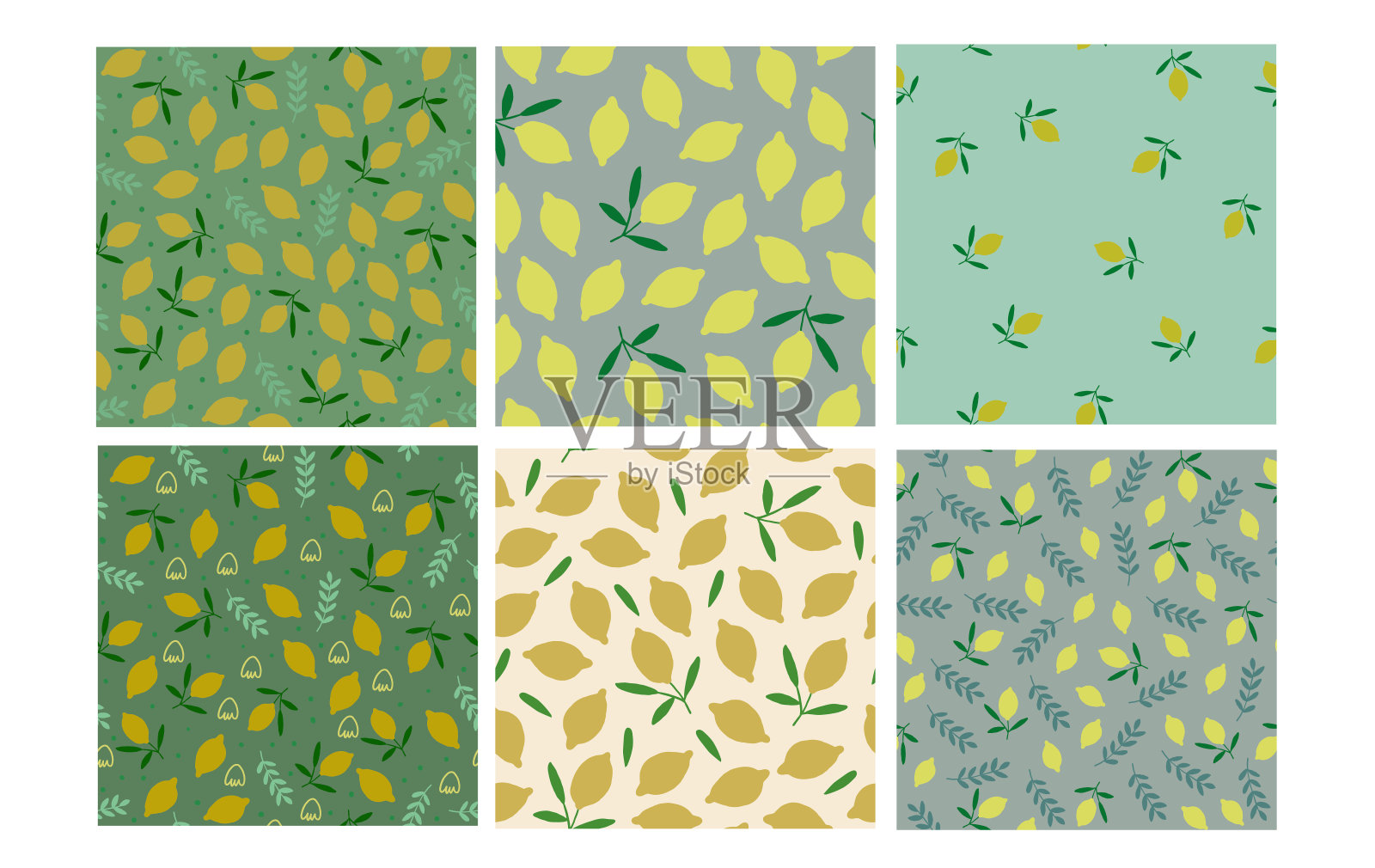 矢量集与柠檬，绿色和米色的厨房食物图案无缝图案。多汁的模式插画图片素材