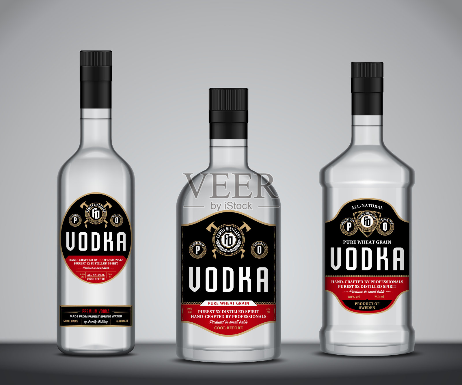 矢量伏特加标签。伏特加酒瓶模型插画图片素材
