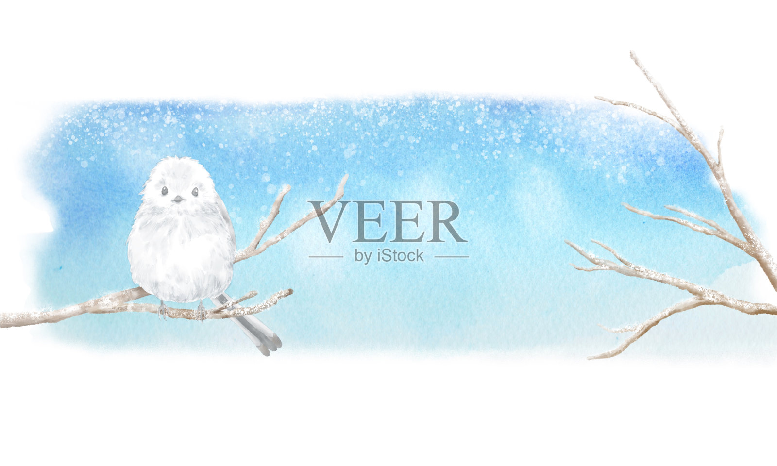 这是一幅可爱的插图，一只长尾山雀栖息在积雪的树枝上。插画图片素材