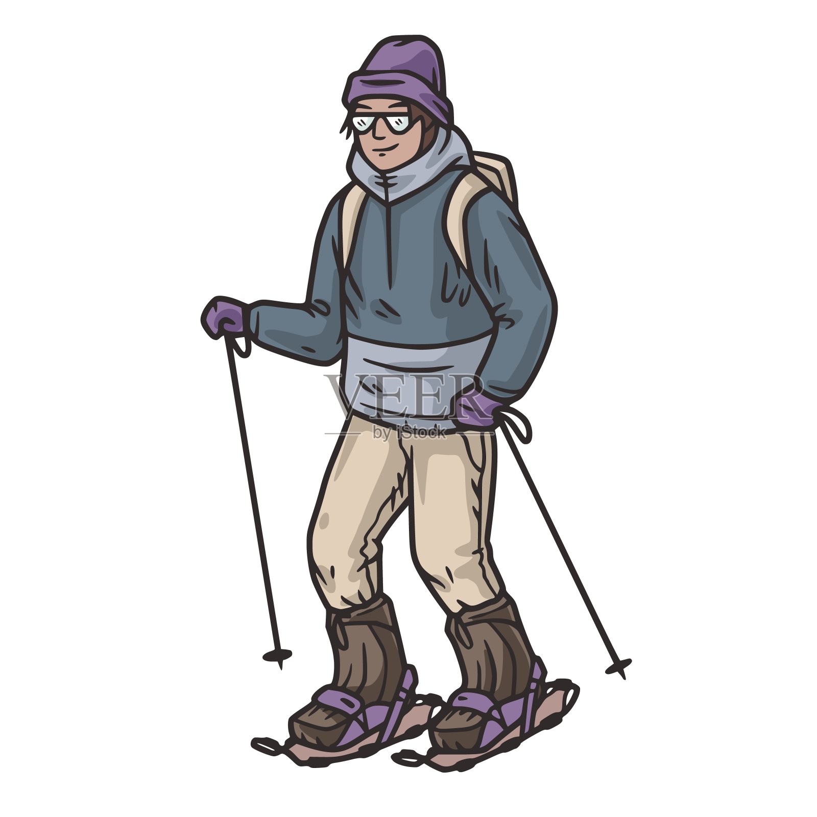 穿着雪鞋站在雪山顶上的人。在冬天的山上穿雪鞋。冬季徒步旅行或滑雪胜地的冬季运动插画图片素材
