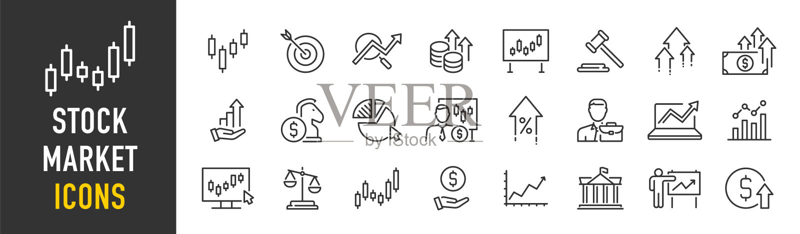 股票市场的网页图标在线的风格。投资，金融，表，熊，牛，股票交易，利润，交易，增长，收集。矢量插图。插画图片素材