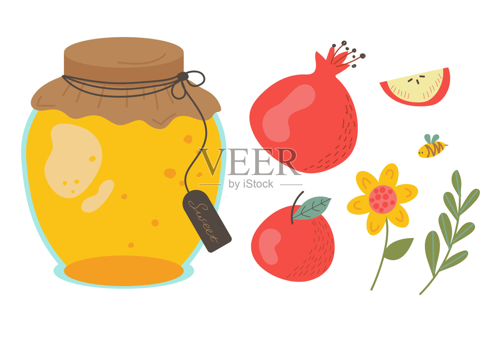 一套蜂蜜产品。一罐蜂蜜和蜜蜂昆虫。有纹理的花，叶和果实呈扁平状。石榴石和苹果在孤立的背景上。矢量图插画图片素材