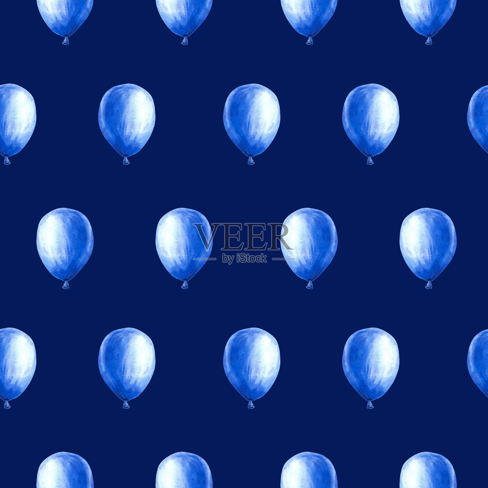 蓝色气球无缝图案。儿童壁纸水彩手绘插图暗背景插画图片素材