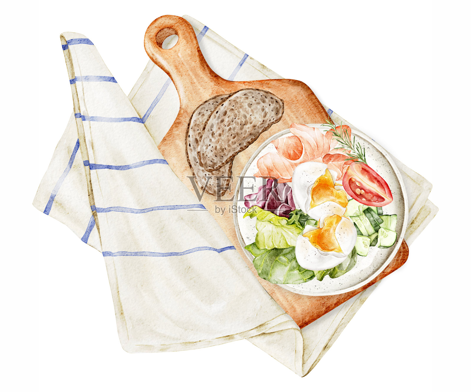 荷包蛋，青菜沙拉，三文鱼，面包放在盘子里，放在盘子和毛巾上。健康食品的概念。前视图。水彩插图。菜单，食谱插画图片素材