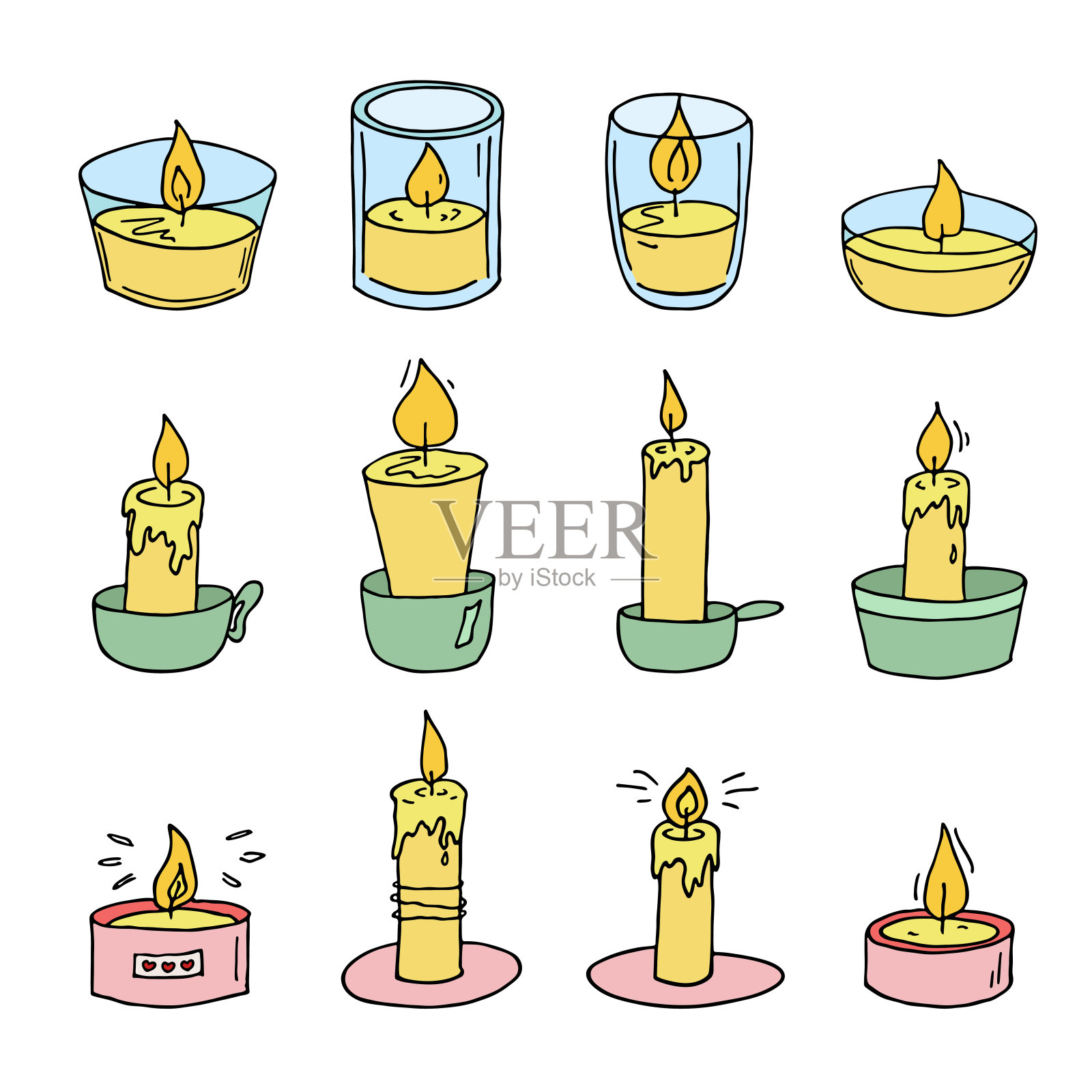 燃烧的蜡烛涂鸦集插画图片素材