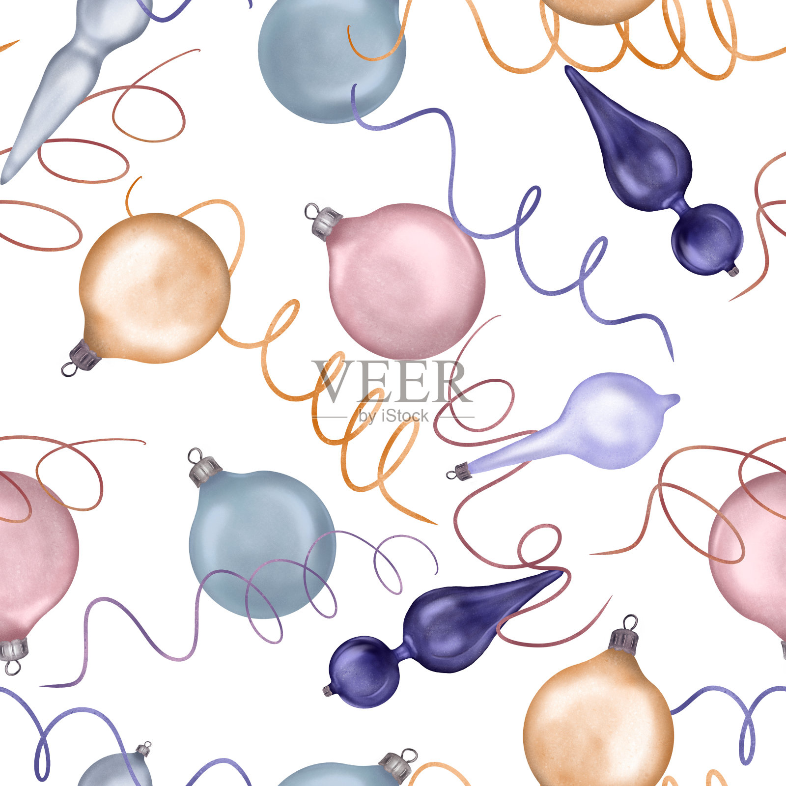 圣诞无缝图案与圣诞饰品，球数字插图孤立的白色。节日标志，蛇形手绘。元素为新年设计包装，纺织品，背景插画图片素材