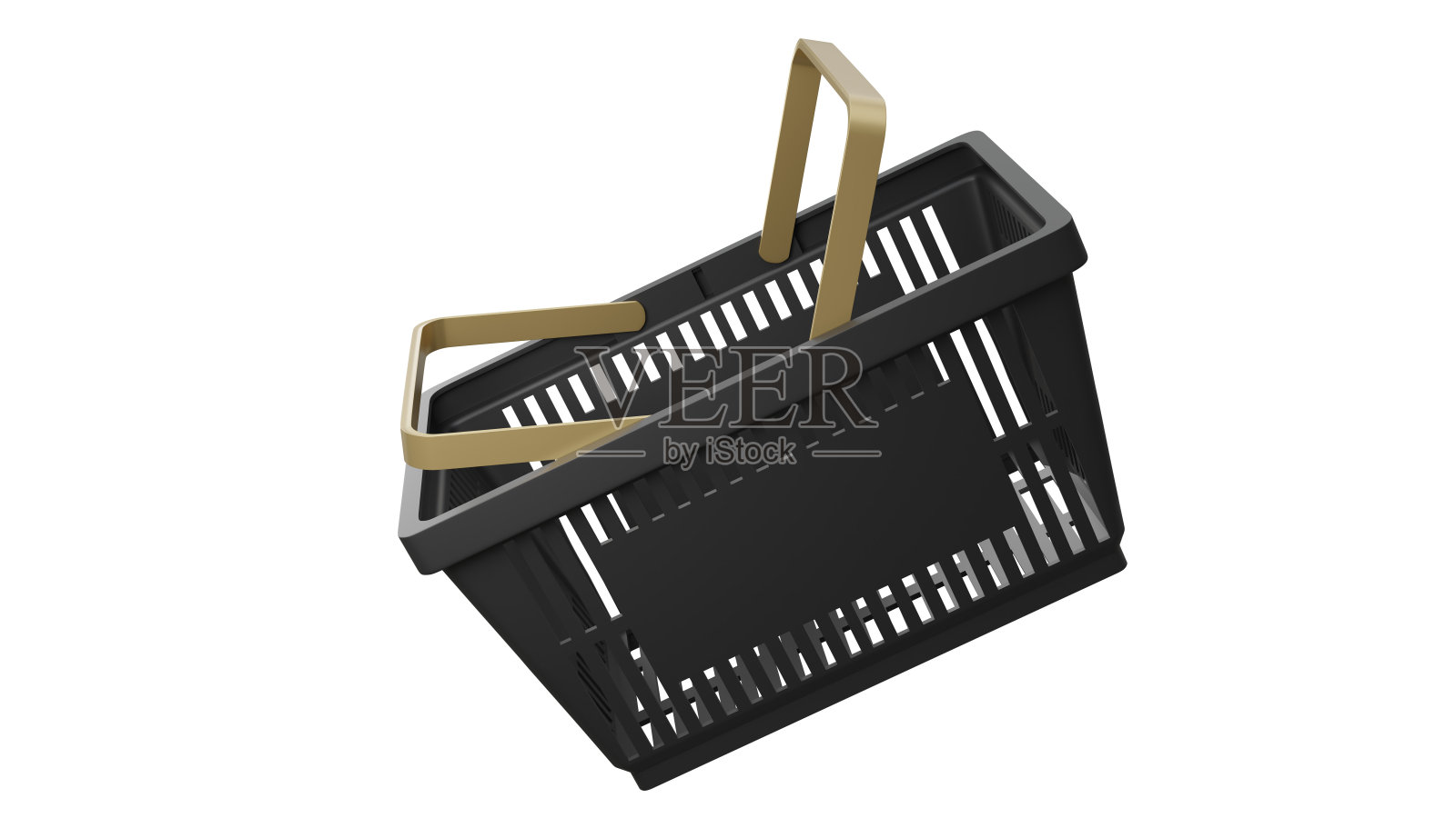 黄金提手的塑料袋购物篮。孤立的超市购物车。照片摄影图片