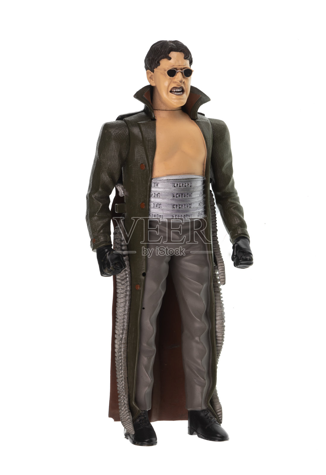 白色背景上一个好斗的人的玩具形象照片摄影图片