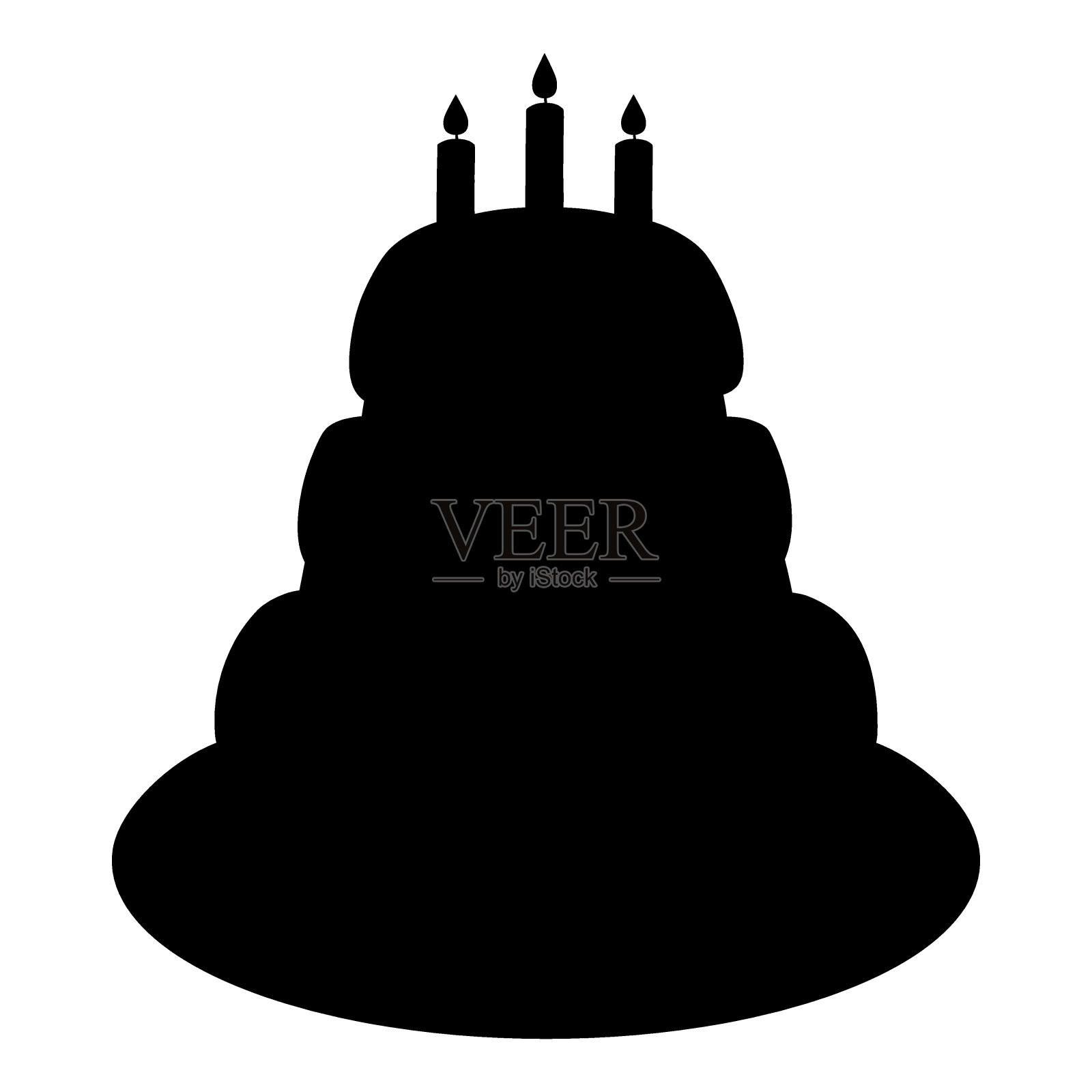 用三支蜡烛装饰的生日蛋糕。轮廓。三层甜点放在大拼盘上。插画图片素材