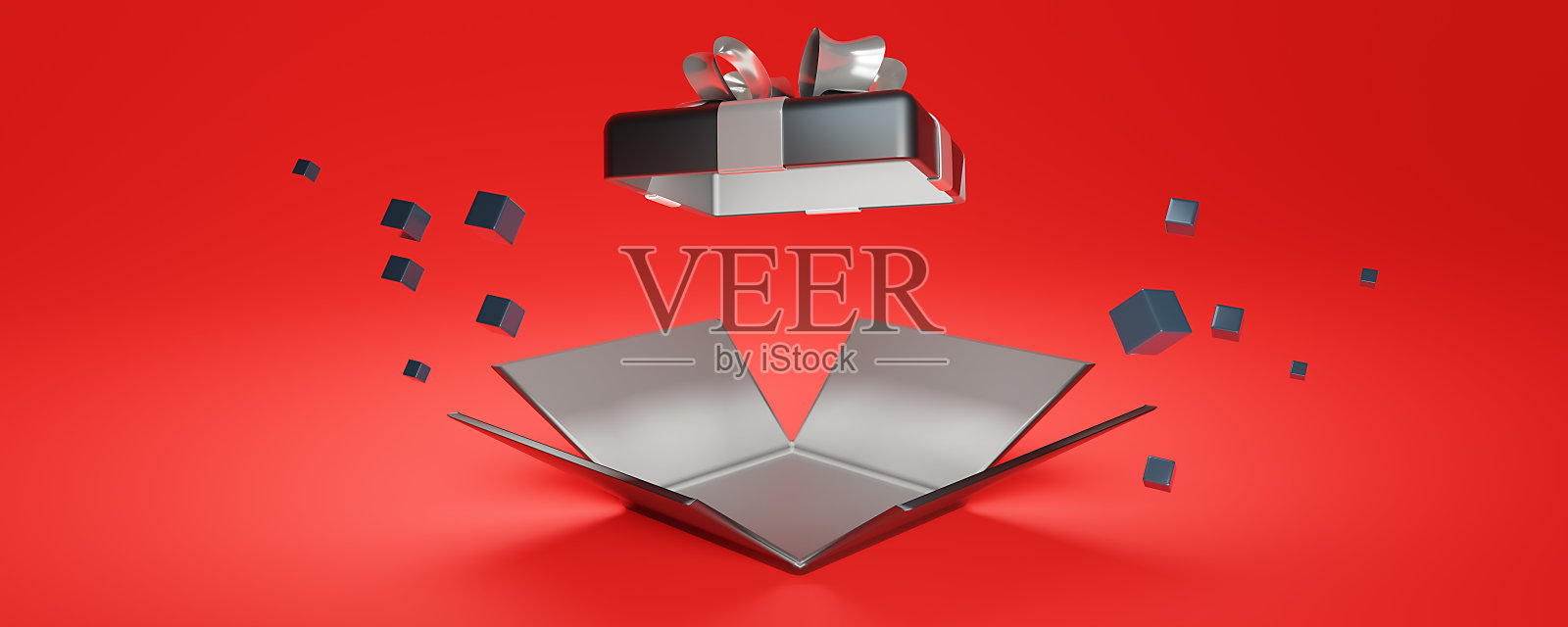 黑色星期五大减价。现实的3d模板打开礼盒。圣诞装饰惊喜对象。生日礼物。照片摄影图片