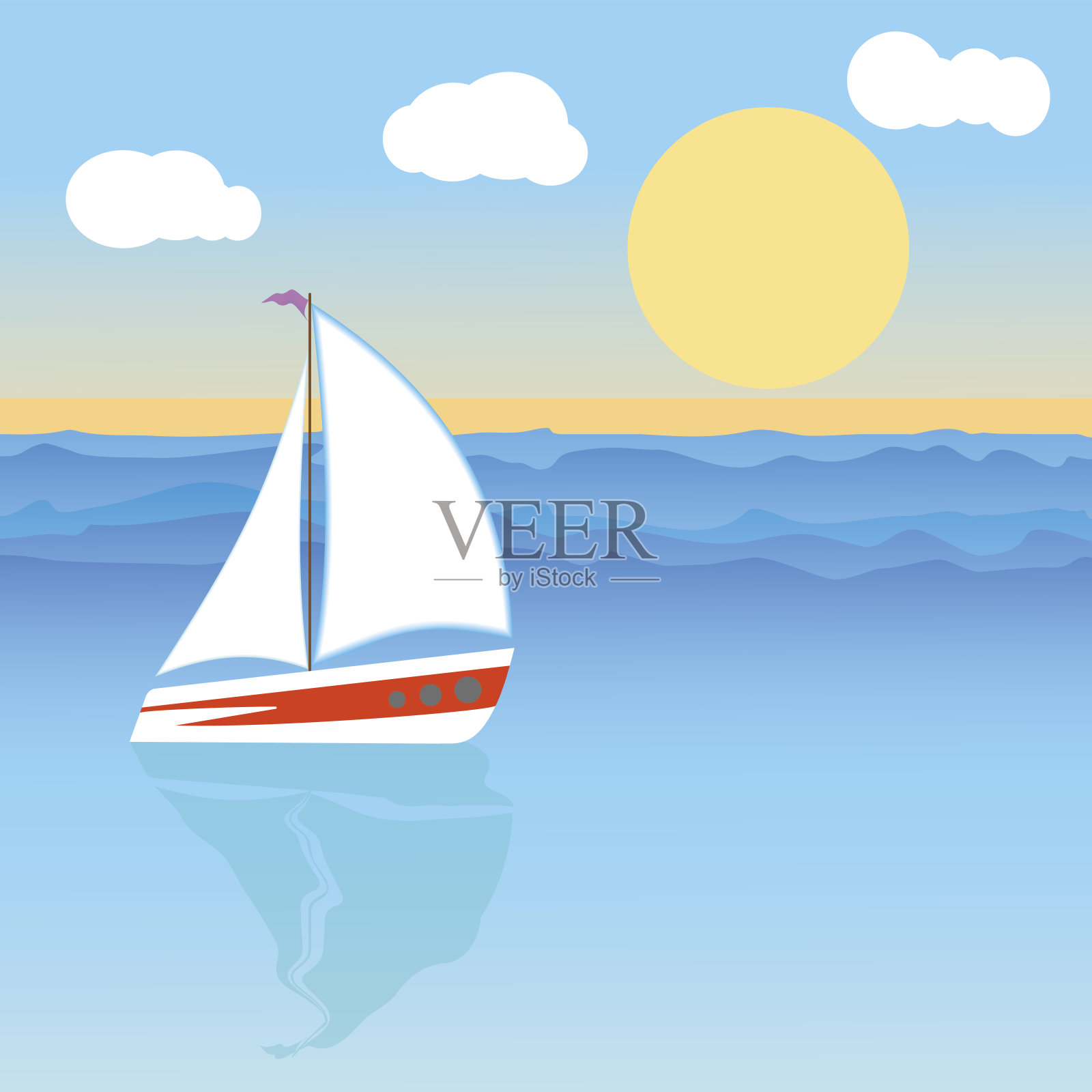 在晴朗的天气里，一艘白帆的游艇在海浪上航行插画图片素材