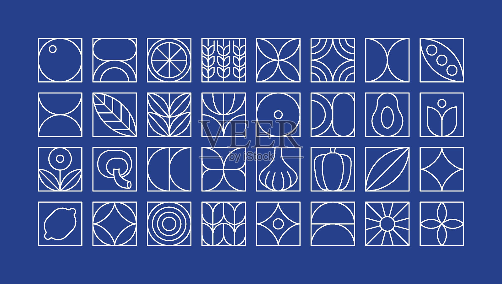 几何食物模式。最小线性的天然有机水果蔬菜植物形状，品牌识别设计。向量简单集插画图片素材