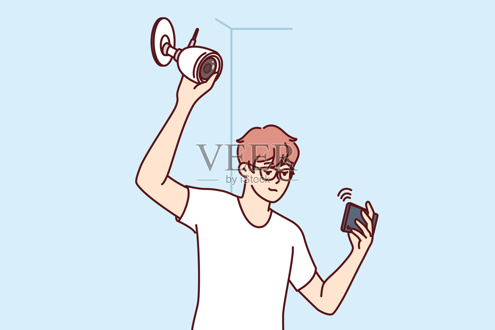 男人在墙上安装监控摄像头，拿着手机，通过WIFI网络观看视频插画图片素材