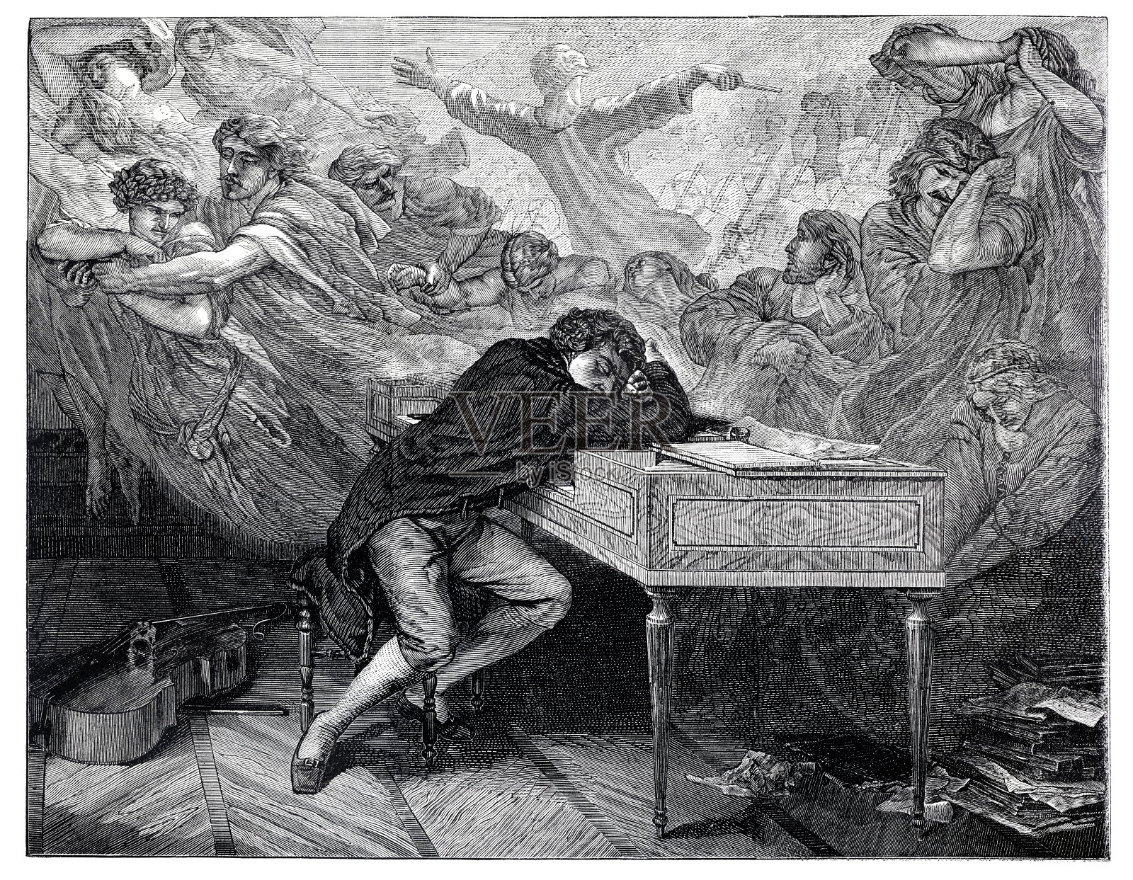 路德维希·凡·贝多芬悲伤地躺在钢琴上插画图片素材