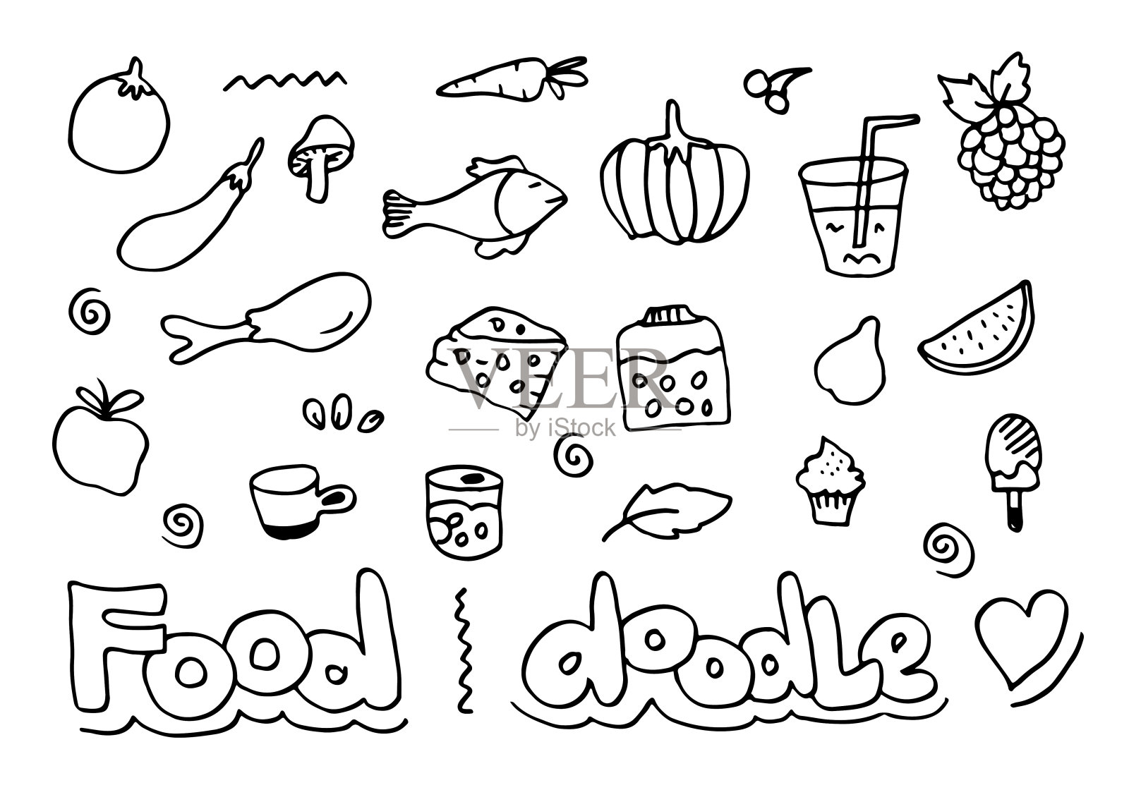 涂鸦食物图标与字母在矢量。插画图片素材
