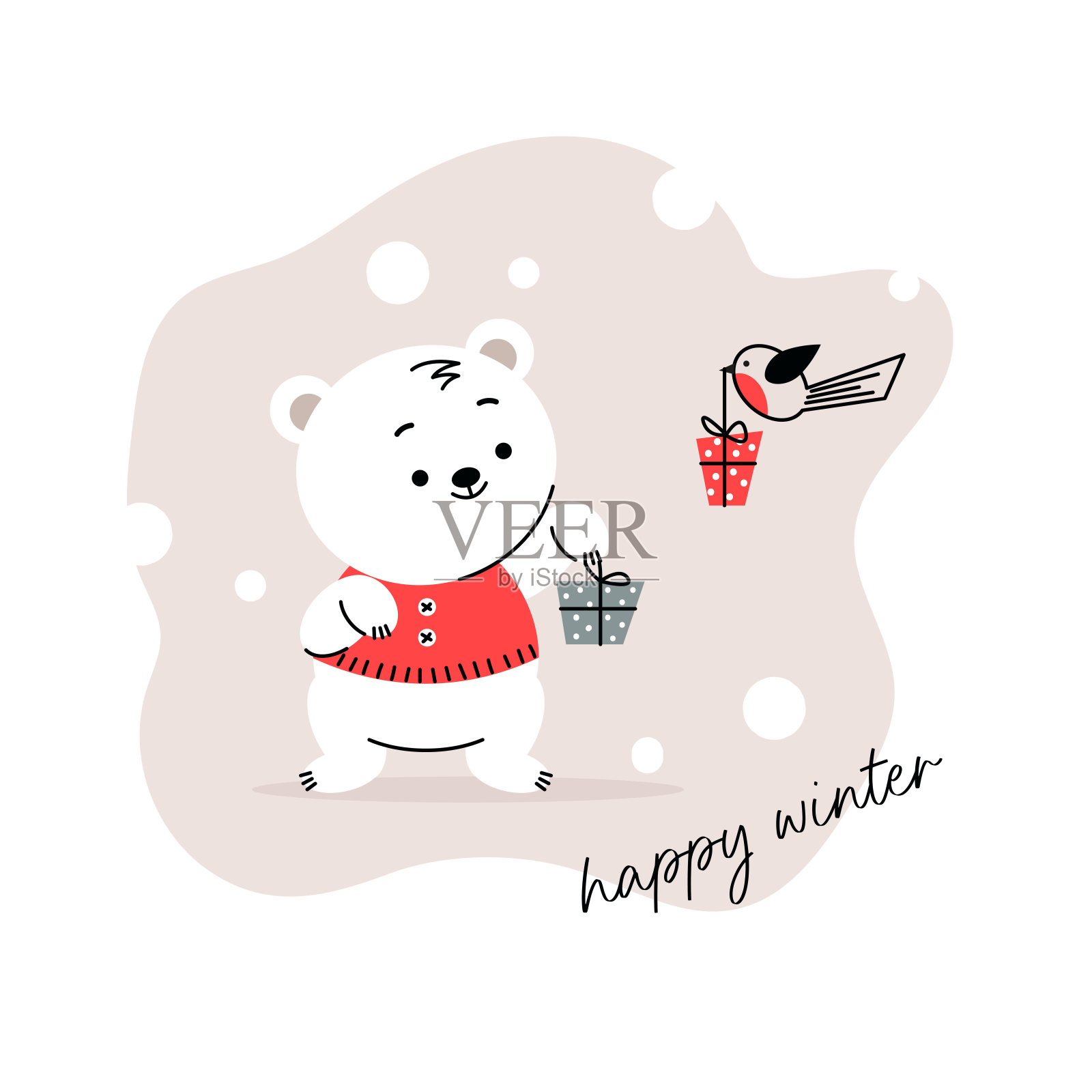 冬日贺卡，上面有一只可爱的北极熊。圣诞背景与微笑的卡通人物。插画图片素材