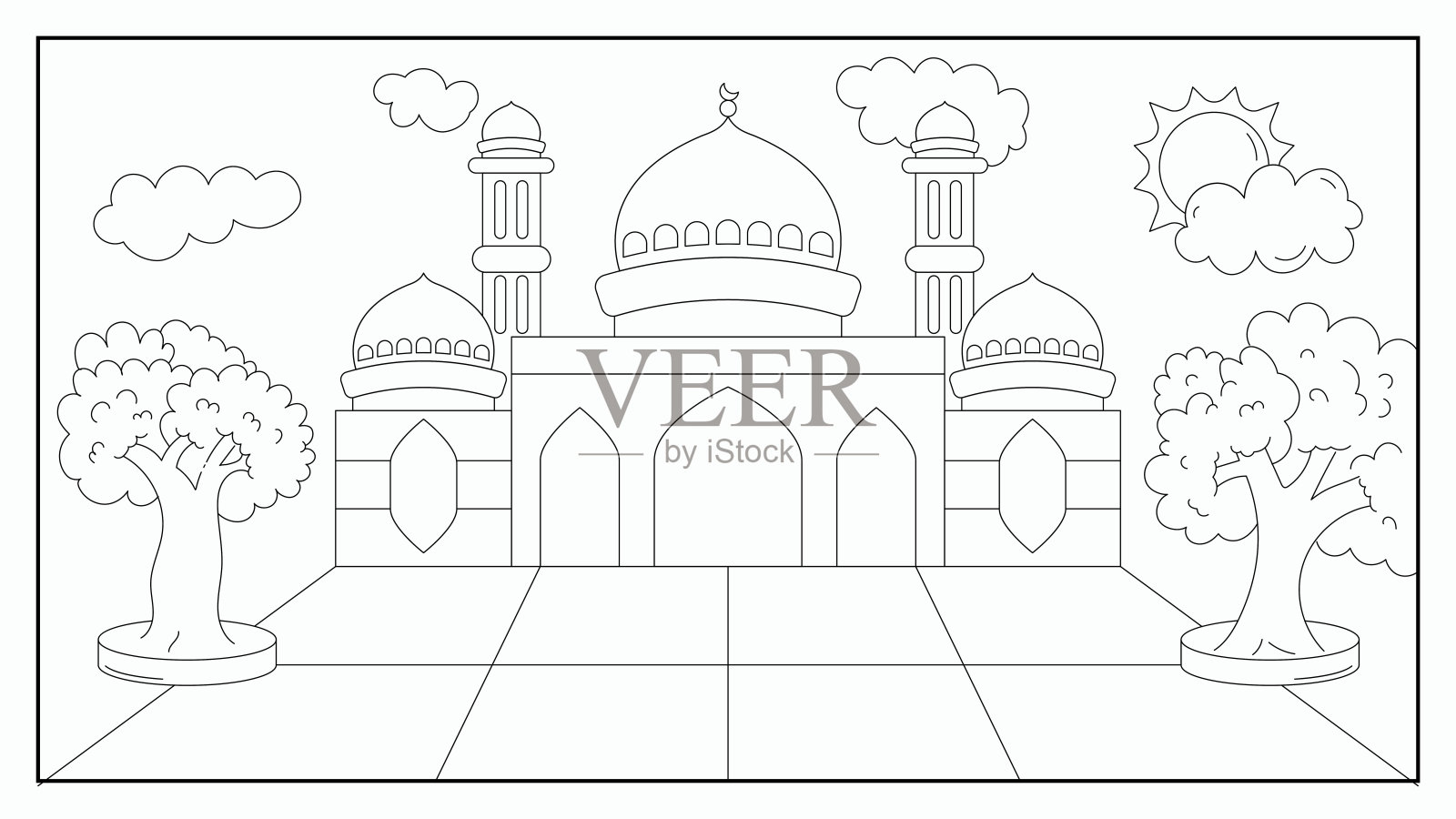 清真寺着色页插图的孩子。填色书合集插画图片素材