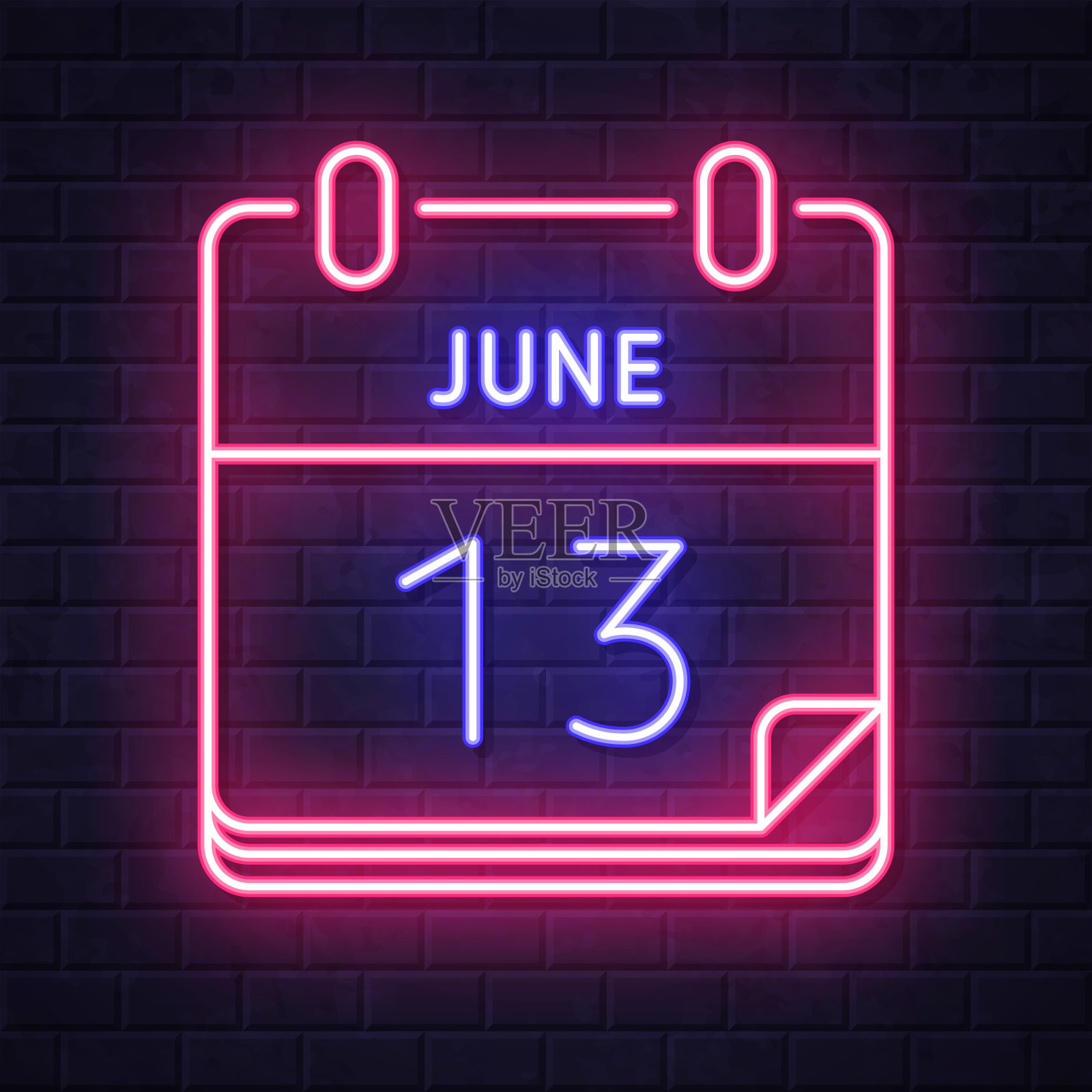6月13日。在砖墙背景上发光的霓虹灯图标插画图片素材