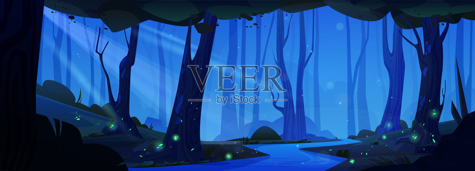 夜林山水有河，绿萤绿萤插画图片素材