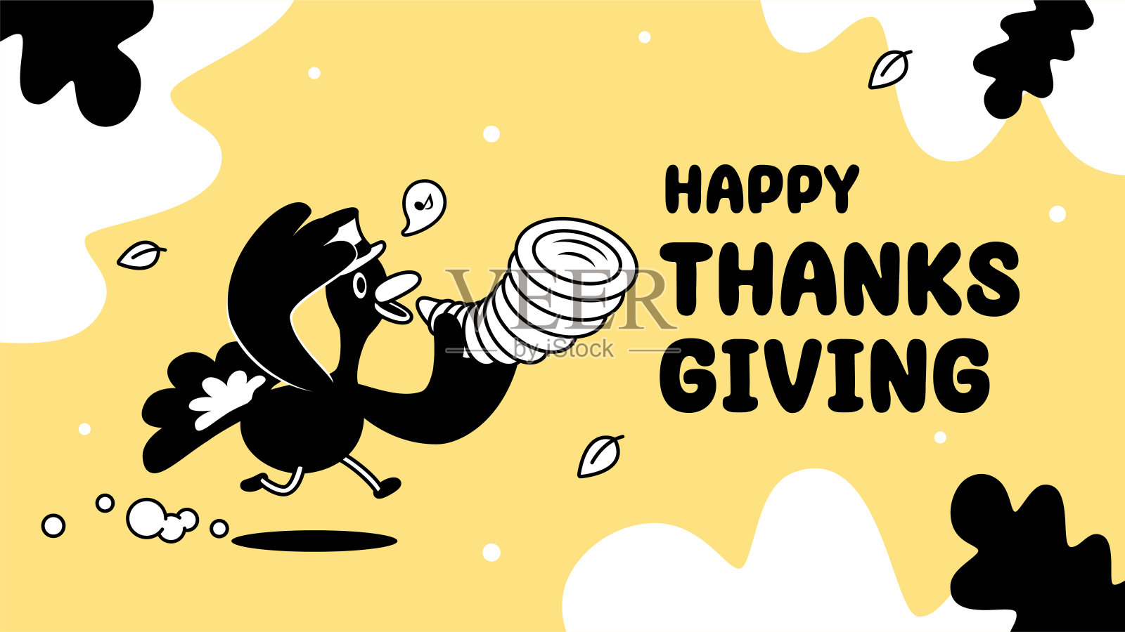 戴着高帽、拿着聚宝盆奔跑的感恩节火鸡插画图片素材