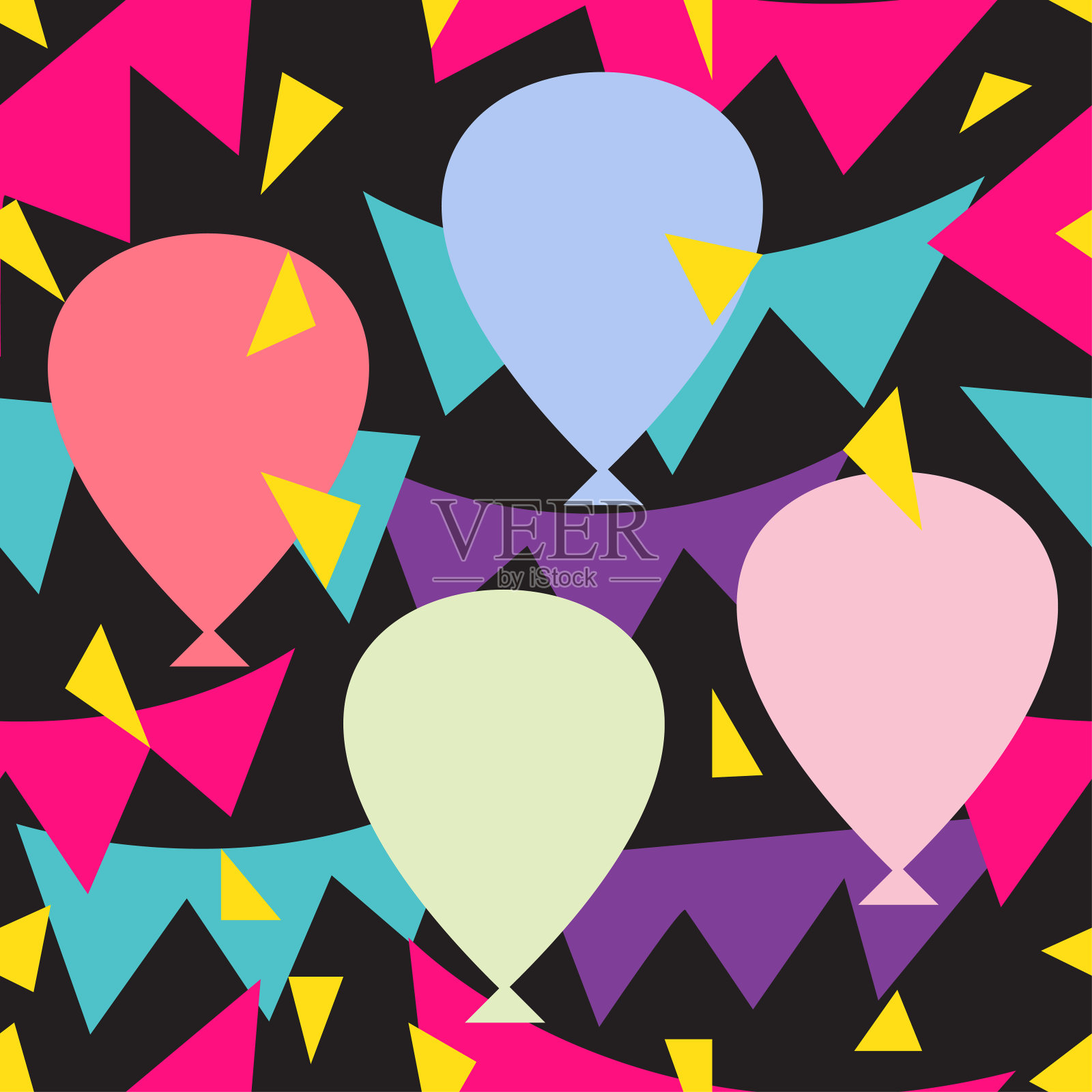生日主题无缝图案与平面彩色气球，旗帜和彩纸插画图片素材
