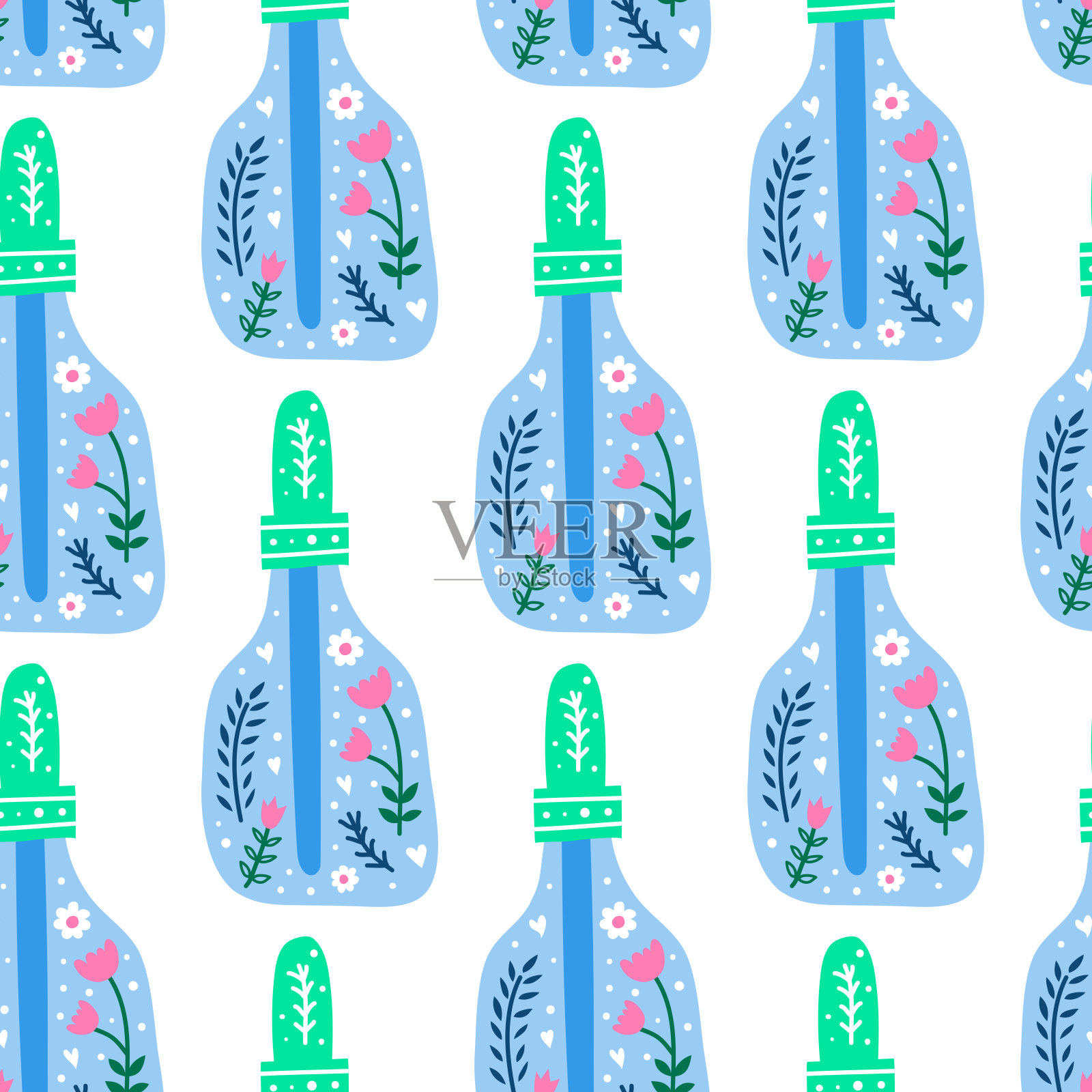 无缝图案涂鸦草药移液瓶。插画图片素材