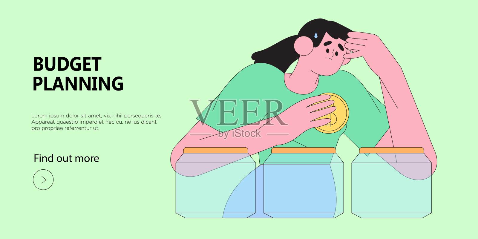 女人考虑如何计划她的个人或家庭预算或管理储蓄。角色决定如何花钱。新潮的网页横幅，移动应用程序，广告或文章插图。插画图片素材