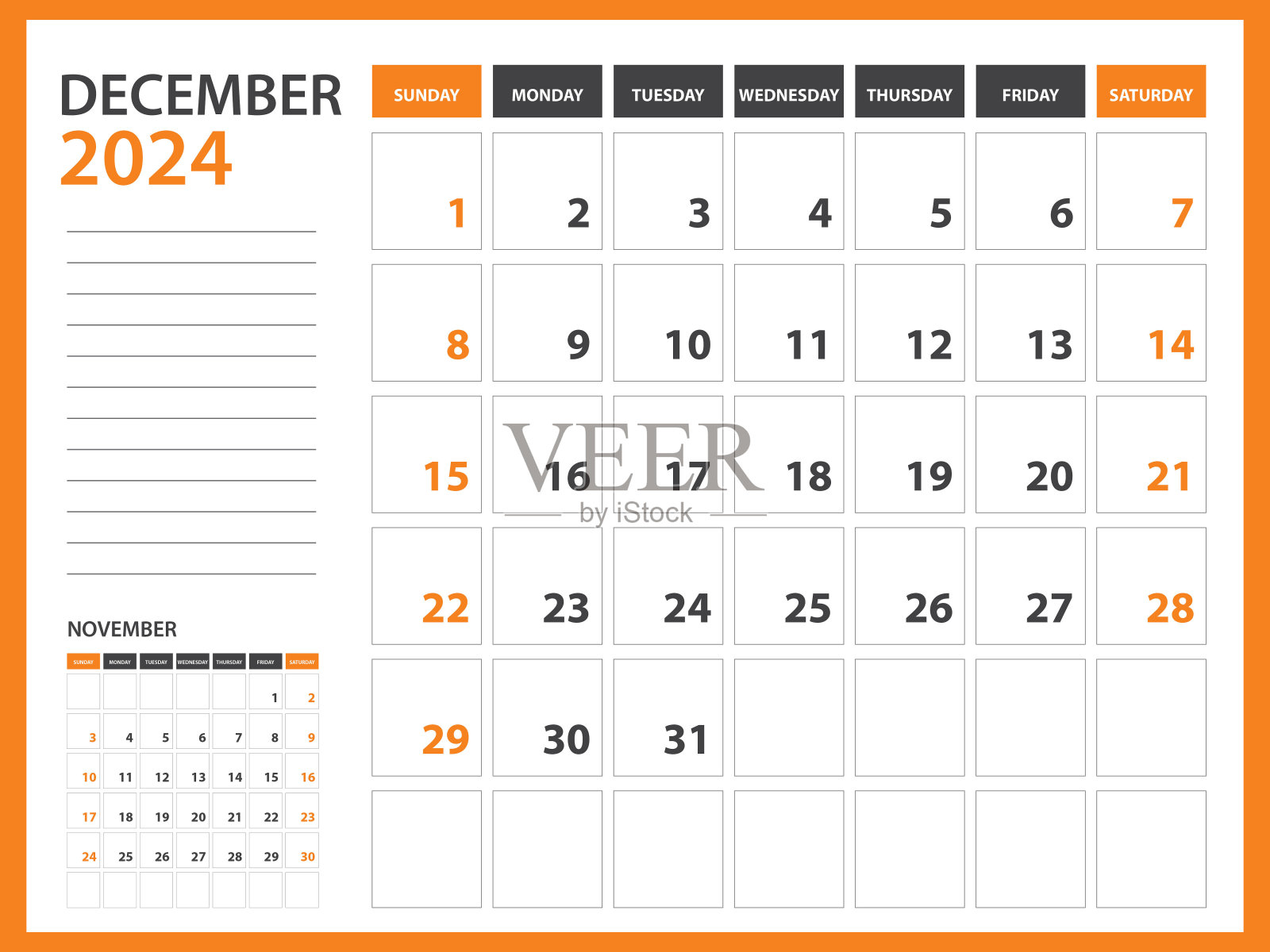 每月日历模板2024年- 12月2024年，周开始于周日，台历2024设计，挂历，规划师设计，文具，印刷媒体，橙色背景，矢量插画图片素材