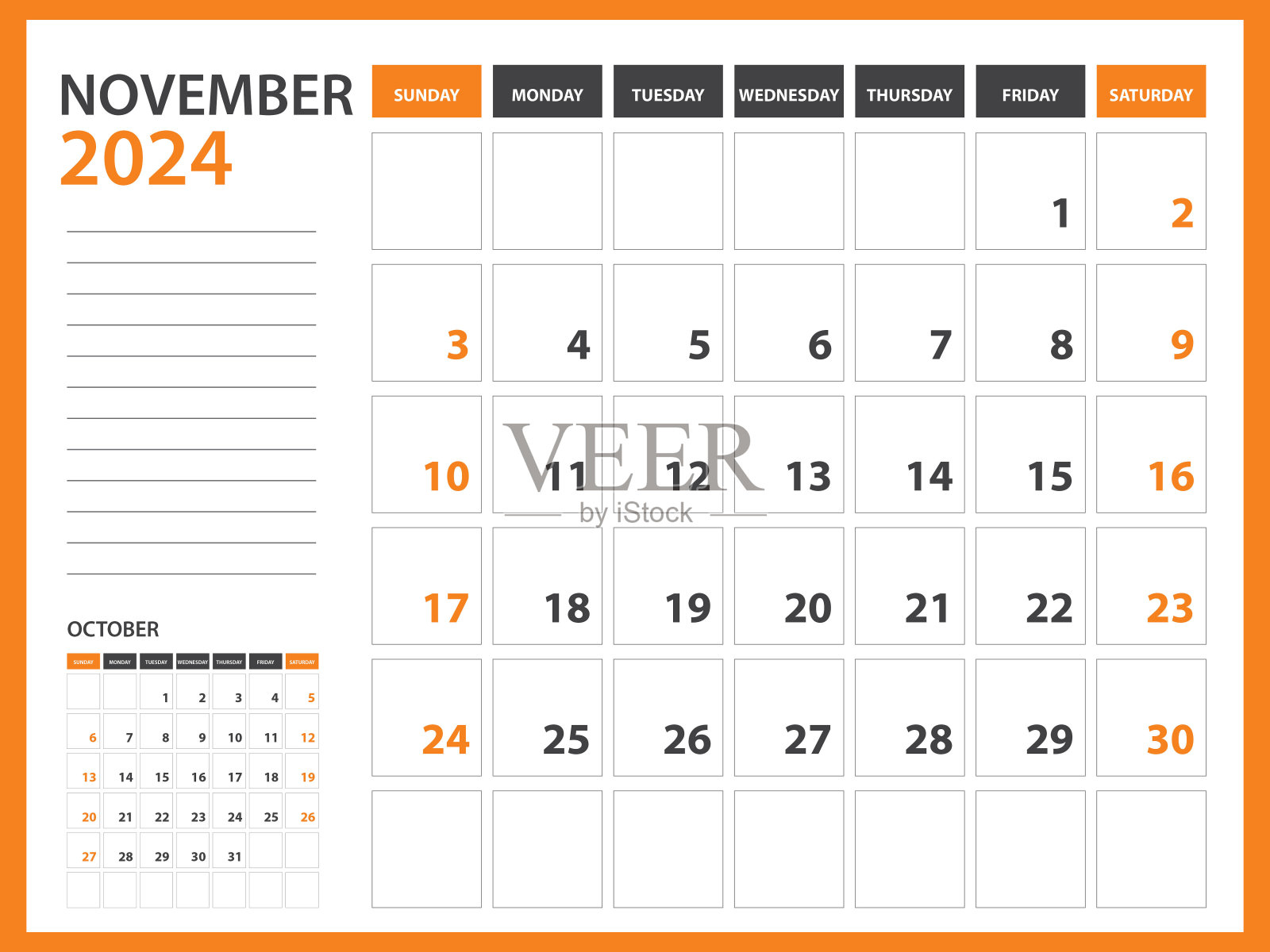 每月日历模板2024年-十一月2024年，周开始于周日，台历2024设计，挂历，规划师设计，文具，印刷媒体，橙色背景，矢量插画图片素材