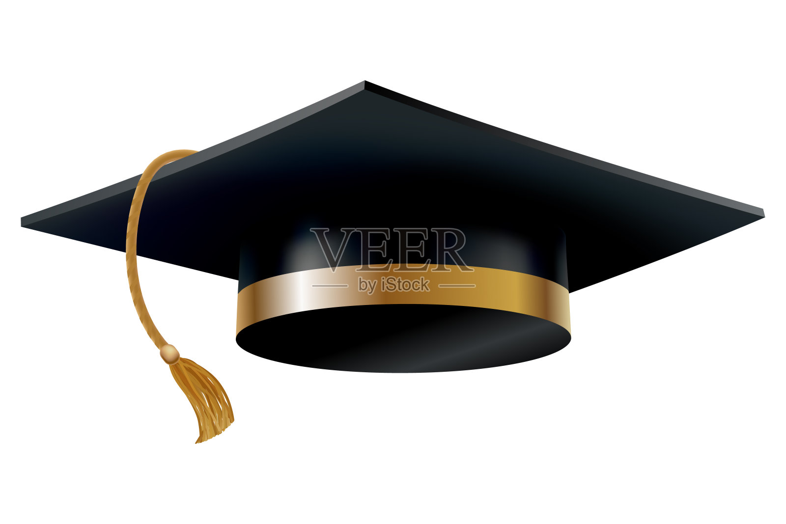 毕业帽。金色流苏的黑色教育学生帽。学位典礼和教育项目设计元素。学院，高中或大学的帽子孤立在白色背景插画图片素材