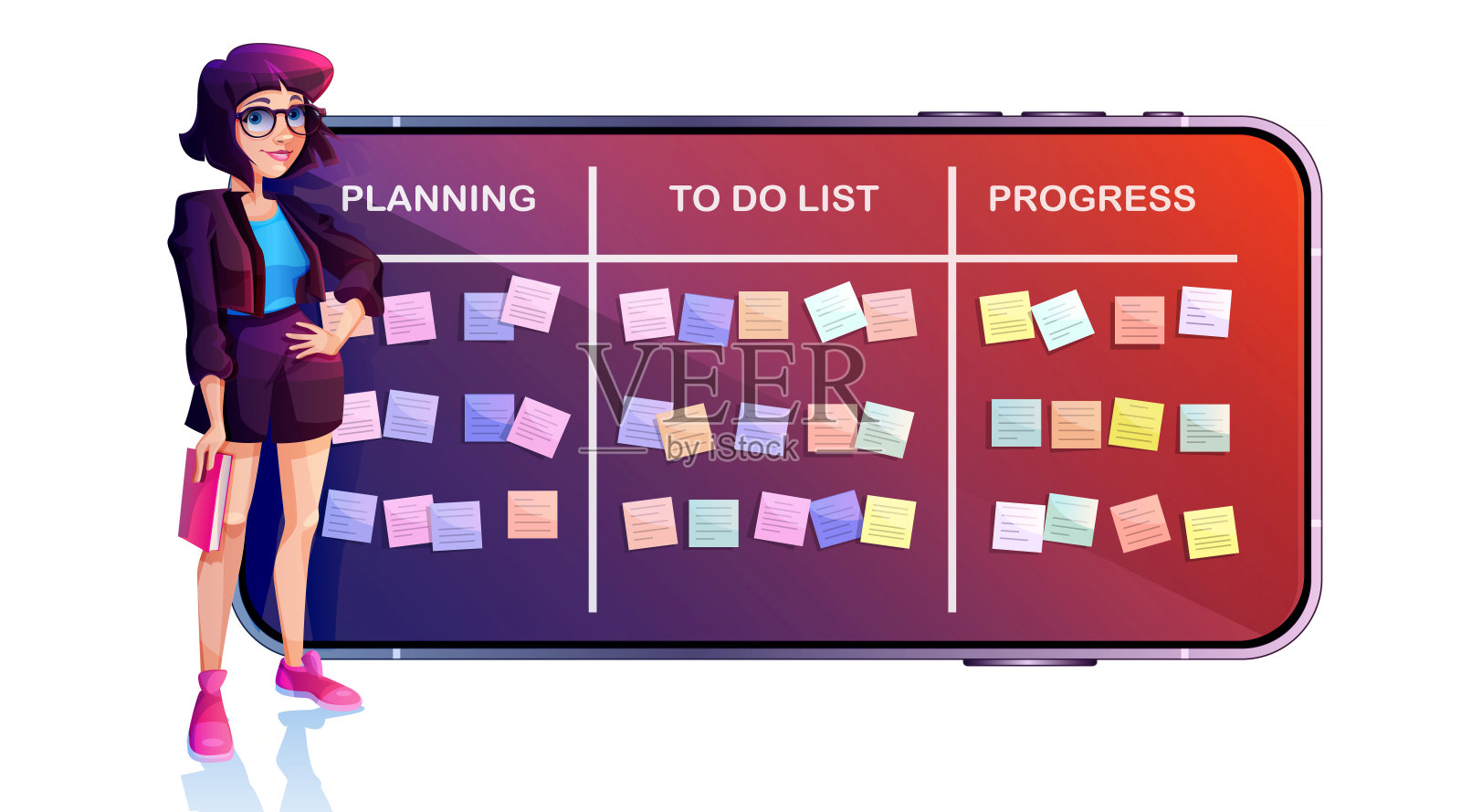 卡通风格的规划技术。女学生拿着手机和白底贴满彩色贴纸的信息板。插画图片素材