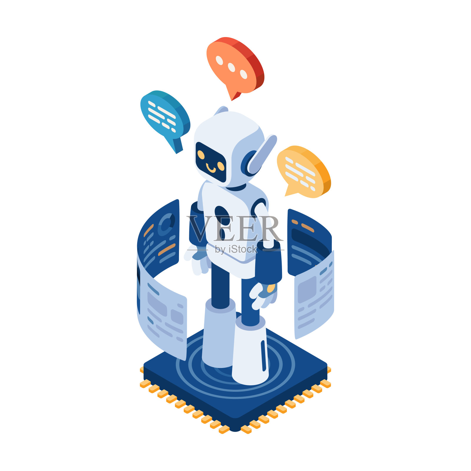 计算机芯片上的等距AI聊天机器人或机器人插画图片素材