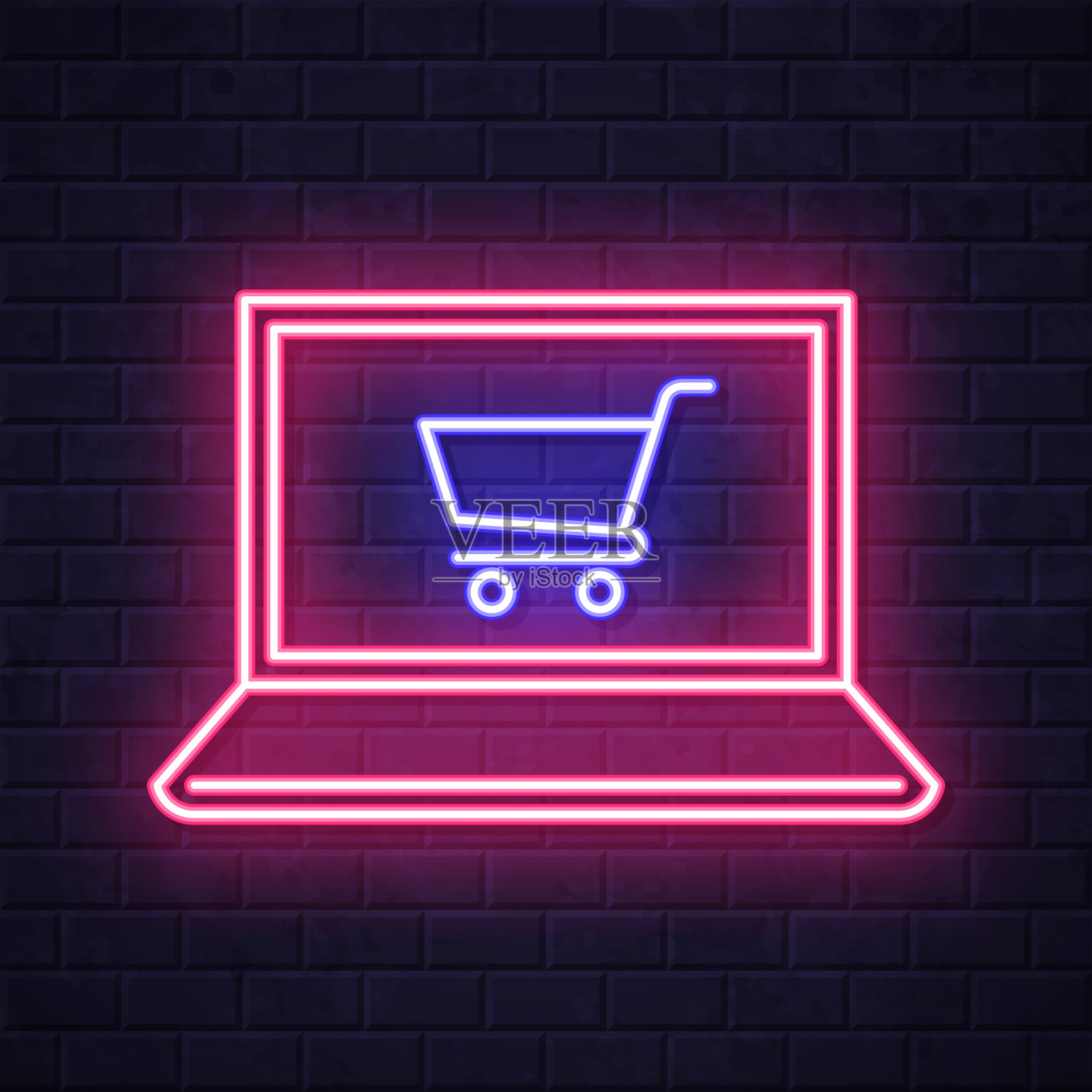 用笔记本电脑上网购物。在砖墙背景上发光的霓虹灯图标插画图片素材