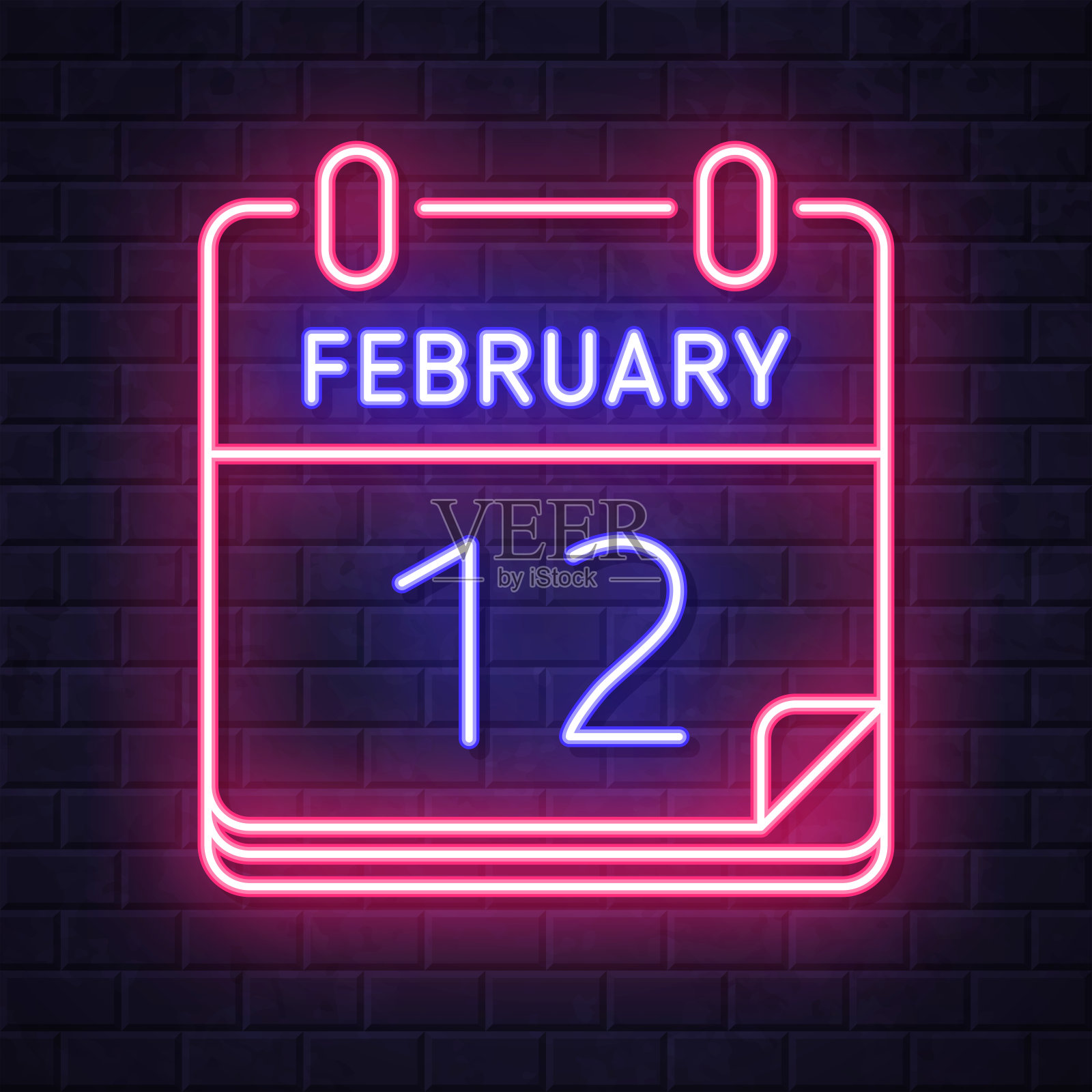 2月12日。在砖墙背景上发光的霓虹灯图标插画图片素材