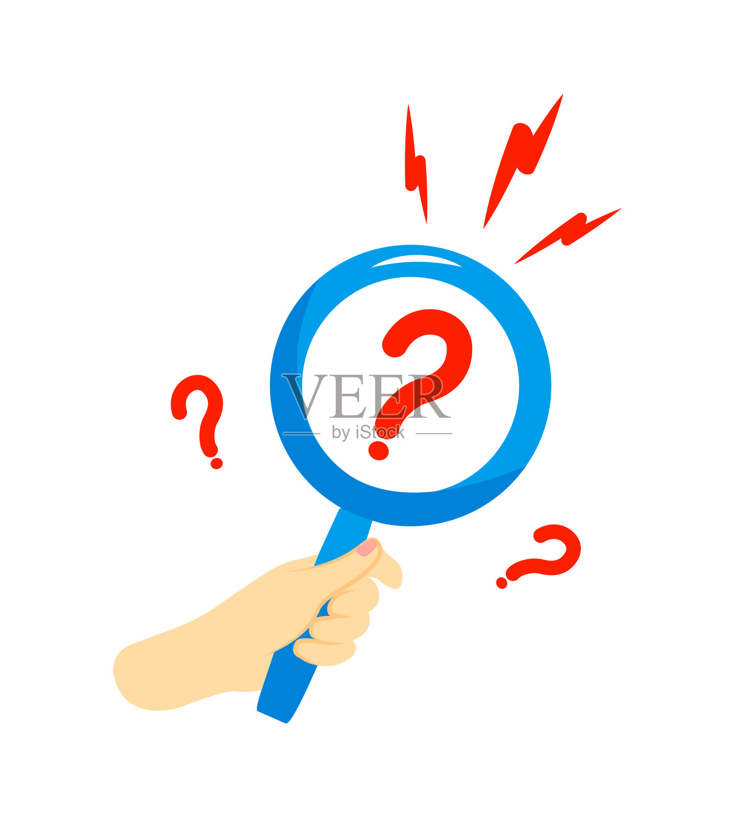Loupe在手中的问号，卡通平面矢量插图孤立的白色背景。Web faq概念。插画图片素材