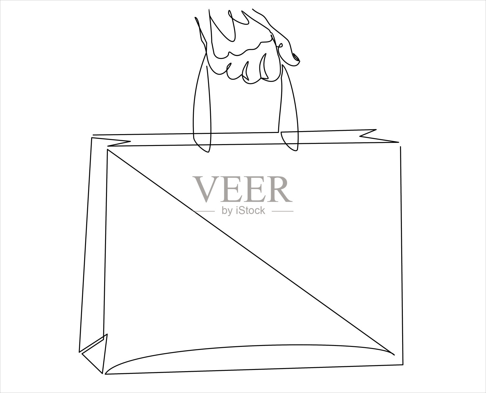 一个连续的线条画男子手持购物袋孤立在白色背景。购物在商场和环保概念单线手绘极简设计。矢量图插画图片素材